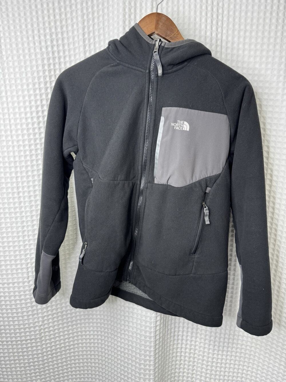 The North Face Boys L 14/16 Hooded Fleece Jacket Black Gray Full Zip